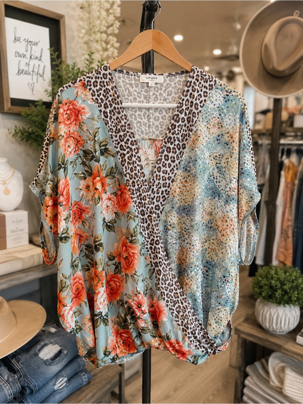 Umgee Floral Animal Mixed Print Faux Wrap Top Size Large